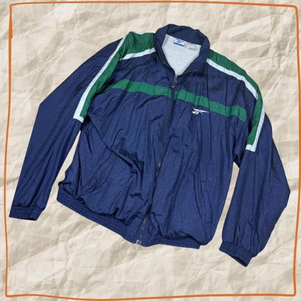 Reebok Windbreaker Jacket Mens XL Navy Green‎ 90s Y2K Track Zip